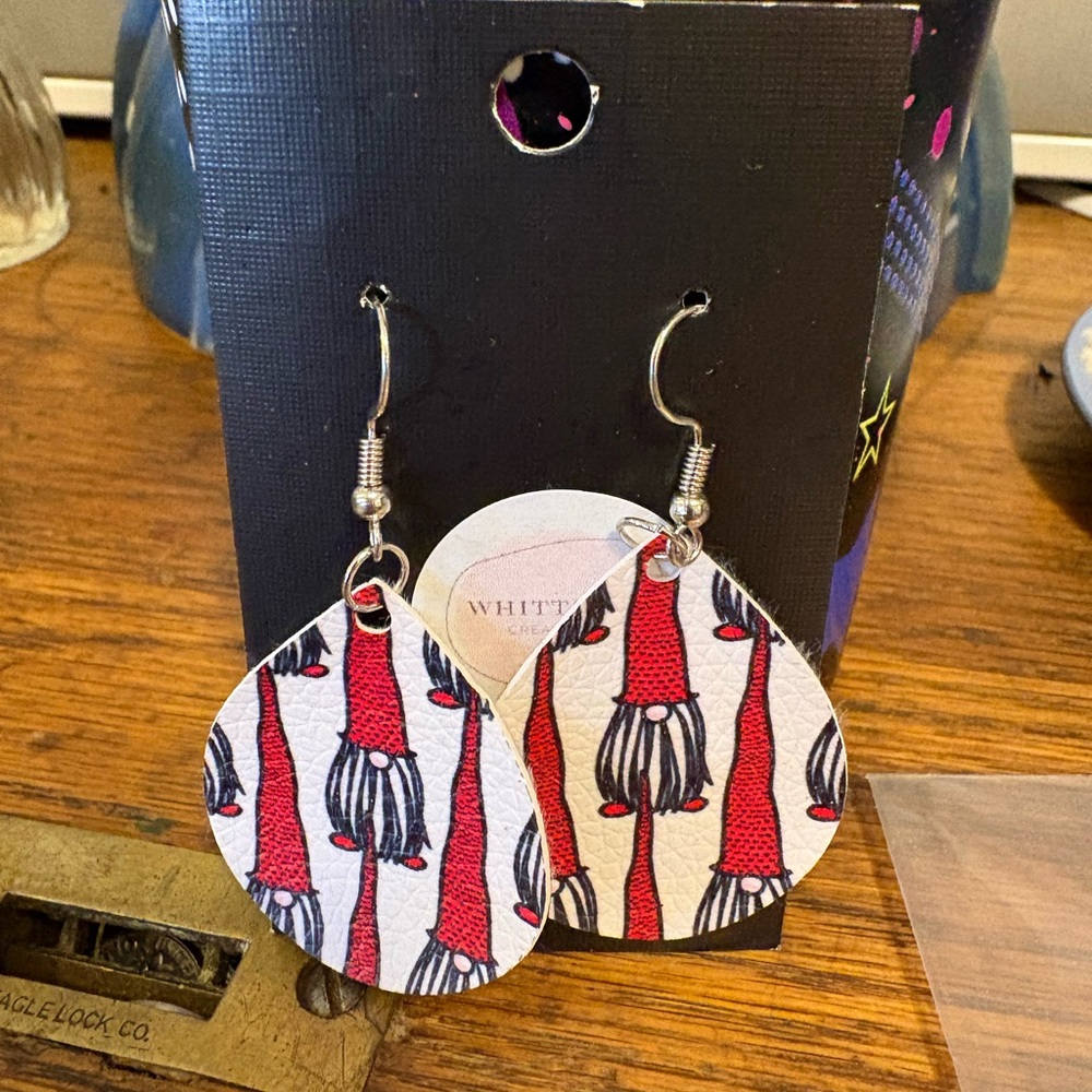 Red Gnome Leather Teardrop Earrings